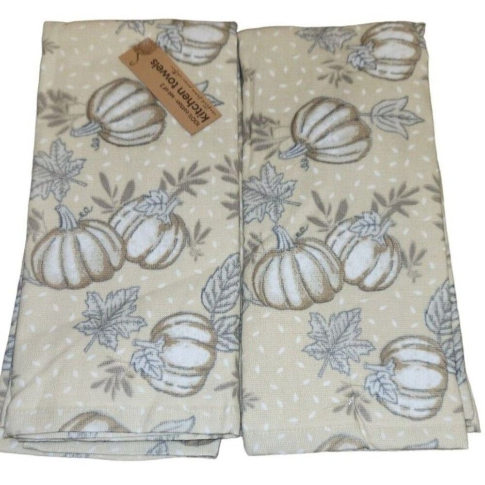 Thanksiving Pumpkins & Leaves Fall Kitchen Towels Set NEW %100 Cotton Terry